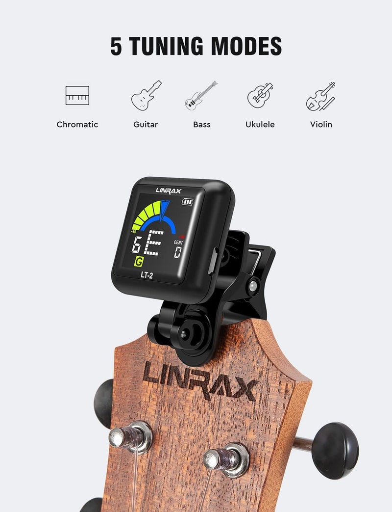 LINRAX LT-2 Guitar Tuner Rechargeable Clip On Tuner for Guitar, Bass, Ukulele, Violin, Banjo, Chromatic Tuner with LCD Color Display, Digital Tuner for Stringed Instruments, Guitar Accessories, Black - Image 2